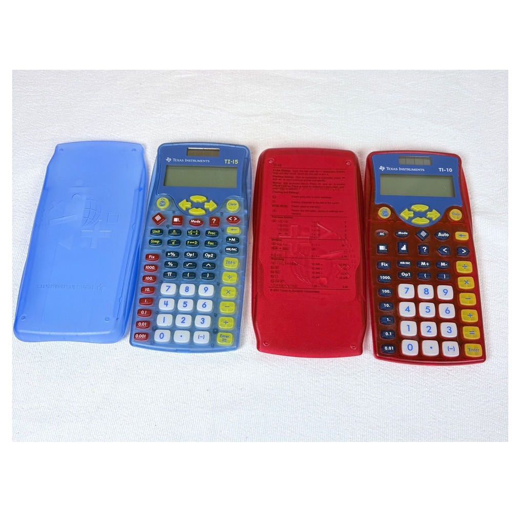 Texas Instruments lot TI-15 Blue + TI-10 Red Translucent Calculators w/ Covers